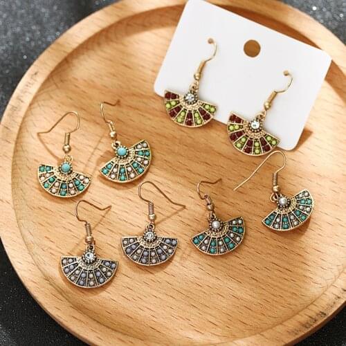 Vintage Antique Gold Geometric Bead Inlay Earrings For Women Oorbellen Boho Ethnic Alloy Semicircle Earring