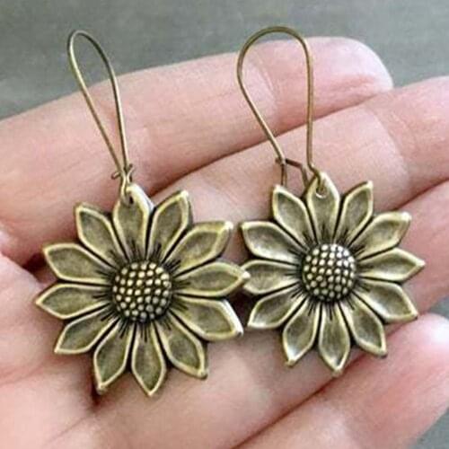Vintage Sunflower Earrings Antique Gold Beautiful Blooming Sunflower Flower Daisy Hook Earrings Ethnic Wedding Party Jewelry