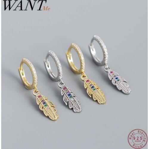 WANTME 925 Sterling Silver Luxury French Color Zircon Feather Pendant Drop Earrings European Fashion Bohemian Women Jewelry Gift