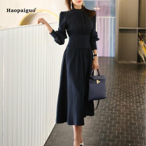 Solid Spring A-line Dress 2019 Women Plus Size Navy Blue Full Sleeve Stand Ankle-length Casual Office Dress Elegant Work Dresses