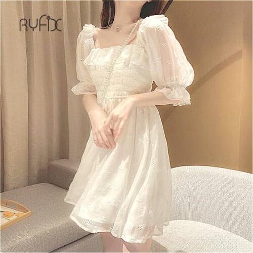 2021 New French Summer White Women Dress Puff Sleeve Korean Style Fairy Lace Chiffon Japan Style Kawaii Elegant Vintage Dress