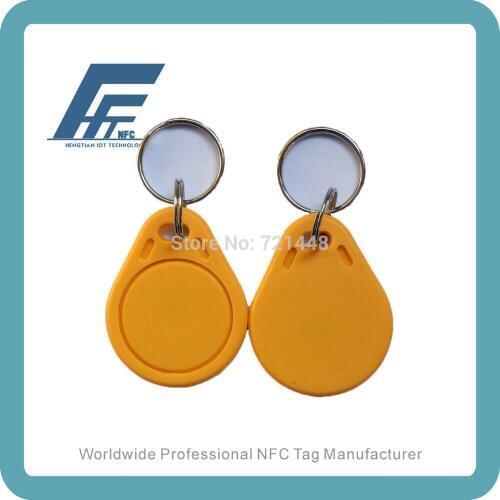 100pcs RFID keyfob tags 13.56MHz Yellow Key fob Available For All NFC Phone Ntag213 NFC Keyfobs
