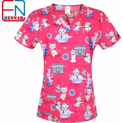 14 prints in Dogs and Cats Scrub Tops for Women Scrub Scrubs,Vet scrub Uniform In 100% Print Cotton