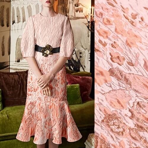 143*158CM 300G/M Weight Light Orange Jacquard Acrylic Polyester Golden Thread Brocade Fabric for Spring Dress Jacket DE982