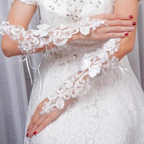 2019 Beautiful Lace White Stain Long Wedding Gloves Bridal Gloves Wedding Accessories