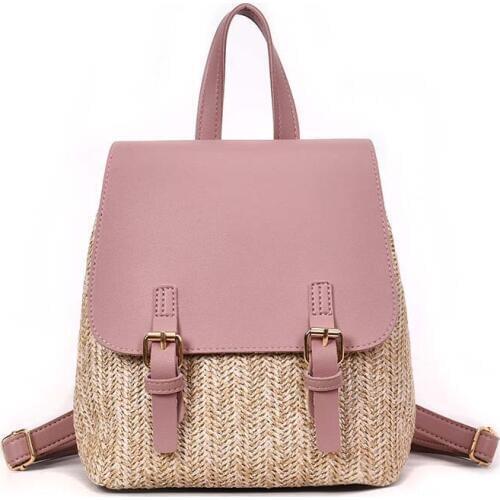 3PCS / LOT Straw Knitting Backpack Women Fashion PU Patchwork College School Bag Leisure Travel Backpack for Teenage Girls