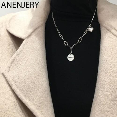 ANENJERY 925 Sterling Silver Love Heart Round Disc Charms Necklace For Women Thai Silver Sweater Chains Friends Gift S-N596