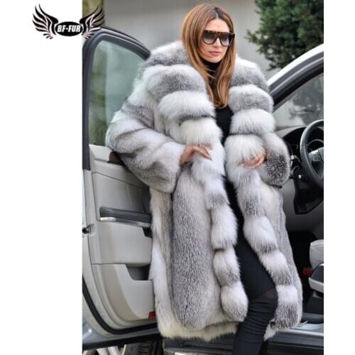 BFFUR 2020 Winter Real Cross Fox Fur Coats Long Fashion Women Natural Full Pelt Fox Fur Jackets With Big Lapel Collar Warm Coat