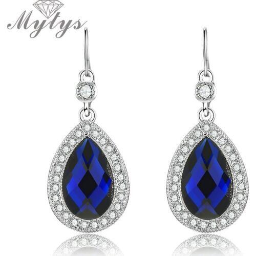 Mytys Big Water Drop Royal Blue Rhinestones Earrings for Women High Level Crystal Dangle Drop Earrings Classic Design CE522