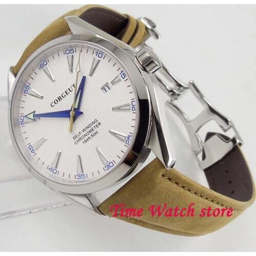 Corgeut 41mm Miyota 5ATM Polished mens watch white dial silver marks sapphire glass water resistance Automatic