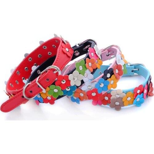 Double Row Flower Pet Collar Colorful Leather Flower Dog Collar Dog Chain