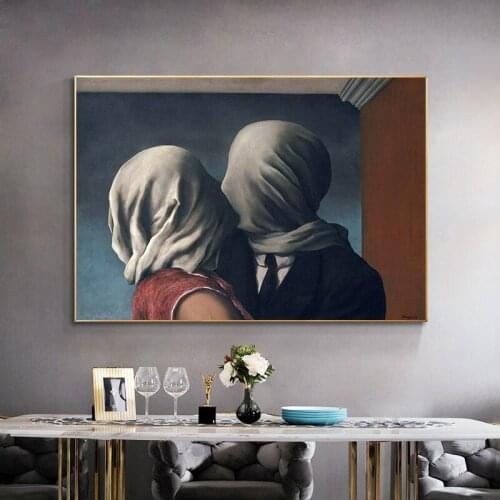 Famous Art The Kiss Lover By Rene Magritte Canvas Painting Posters and Prints Surrealism Wall Art Pictures for Home Decoration