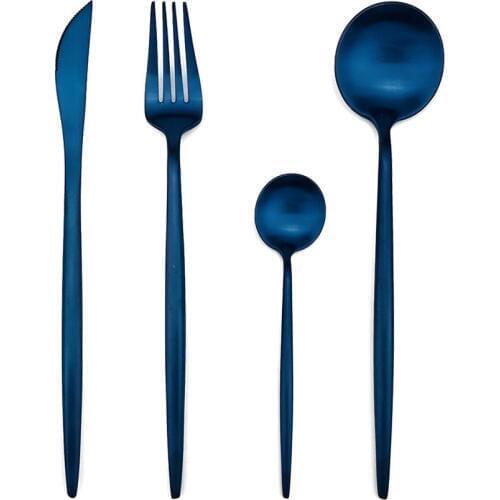 JANKNG 24pcs Blue Dinnerware Set Kitchen 304 Stainless Steel Utensils Knife Fork Tablespoon Food Tableware Cutlery Set
