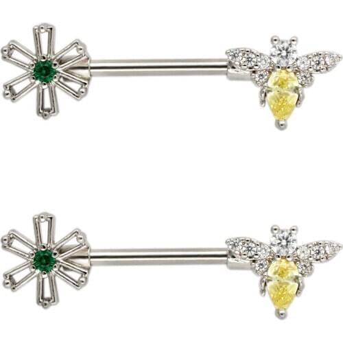 JHJT 2PCS 14G(1.6mm) Nipple Rings Bar Bee Flower Nipple Piercing Barbells 316L Stainless Steel Body Jewelry