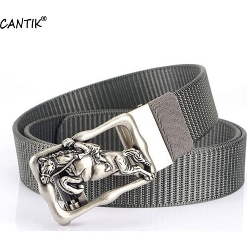 CANTIK Unique Horse Running Automatic Buckle Slivery Metal Quality Black Nylon & Canvas Belts for Men Jeans Accessories CBCA269