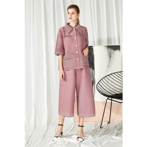 HOT SELLING Miyake fold the clothes denim suit fold half sleeve coat + wide-legged pants Xiaoxiangfeng Two-piece suit IN STOCK