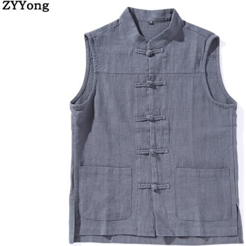 Chinese Style Men Sleeveless Vest Jackets Overcoat Outwear Solid Color Linen Casual Coats Size M-XXXL