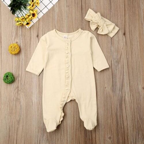Pudcoco Newborn Baby Boy Girl Clothes Solid Color Long Sleeve Ruffle Cotton Romper Jumpsuit Headband 2Pcs Outfits Clothes