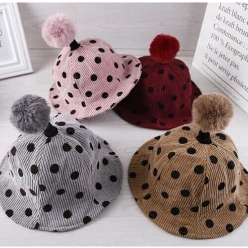 Autumn And Winter Childrens Polka Dot Basin Cap Baby Hair Ball Pompom Sun Hat Fisherman Hat Newborn Clothing Accessories