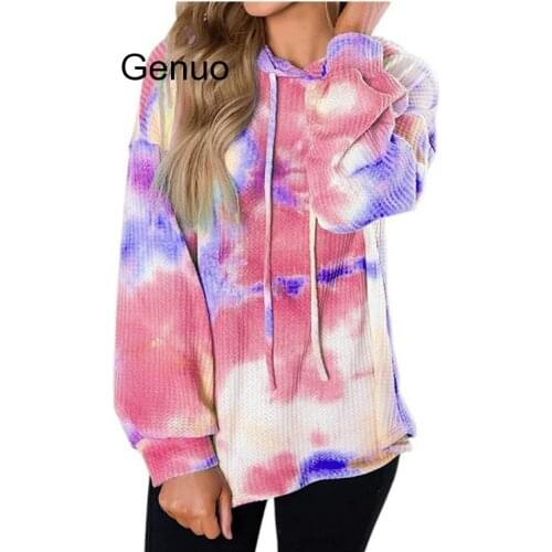 6 Color Hoodie Casual Pullovers Long Sleeve Tie-dye Waffle Hooded Top Loose Streetwear Lounge Wear Outfit Women 2020 New Fashion