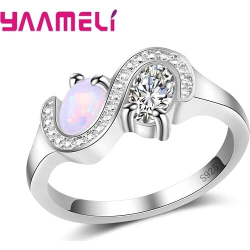 "S" Cubic Zirconia+Opal Composition Finger Rings 925 Sterling Silver Jewelry For Women Girls Austrian Crystal Present