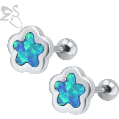 Small Flower Earrings with Opal Stone Surgical Steel Blue Stud Earring For Women Ladies Screw Piercing Helix Ear Jewellery Gifts