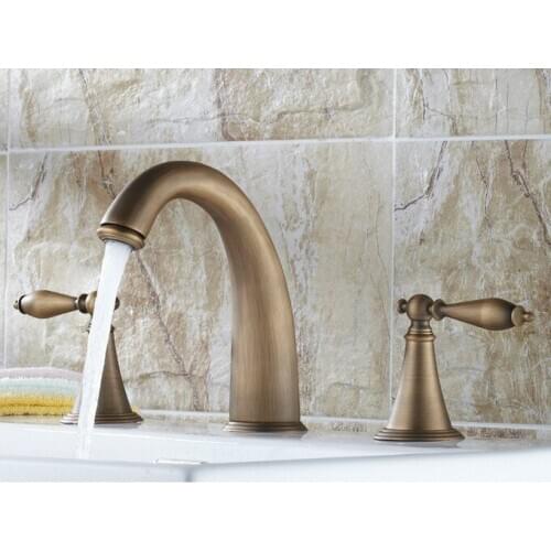 Vintage Retro Antique Brass Dual Levers Handles Widespread 3 holes Bathroom Vessel Sink Faucet Cold/Hot Water Tap anf064