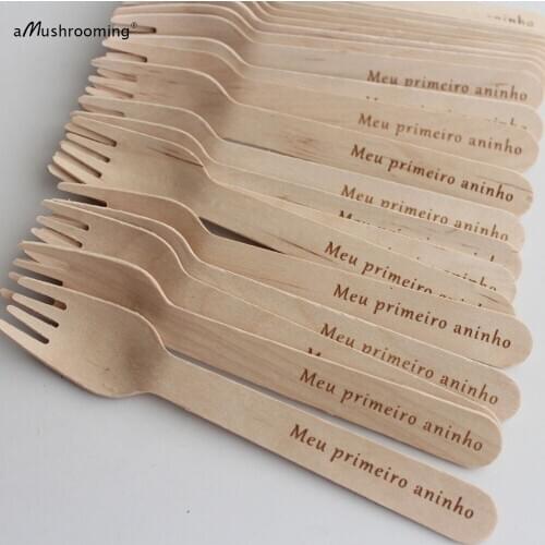 X50 Personalized My First Night Wooden Utensils Biodegradable Disposable Dessert Salad Forks Party Cake Dinner Forks