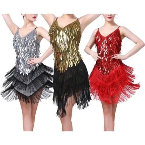 Sequin Suspender Skirt Tassel Sleeveless Latin Dance Dresses Samba Rumba Performance Racing Suit Adult Costume Fringed