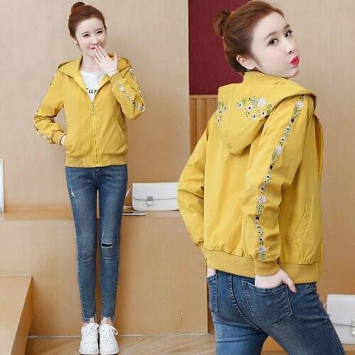 Spring and Autumn Womens Clothes Korean Style Fashion Embroidery Hooded Long Sleeve Jacket Elegant Girls Casual Ziper Coat Tops