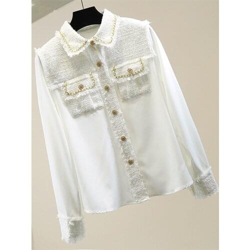 2021 Fashion Designer Tweed Patchwork Chiffon Shirt Blouse Women Vintage Long Sleeve Gold Chain Pearls Weave Tassels Pocket Tops