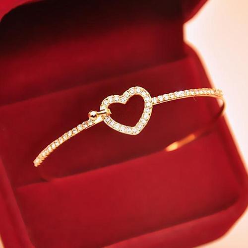 Womens Golden Love Heart Charm Crystal Rhinestone Bracelet Slim Bangle 2020