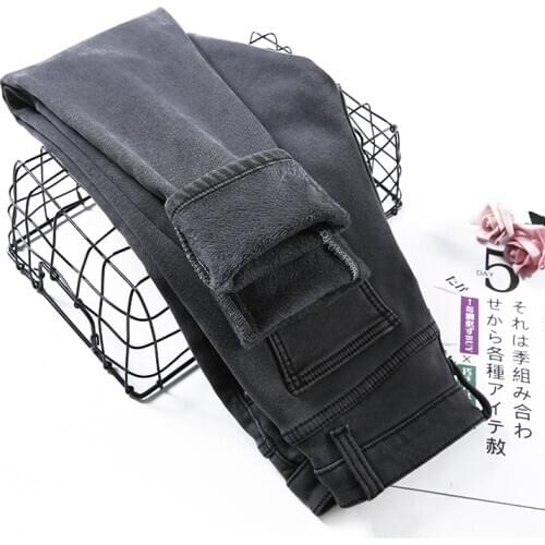 Winter Plus Velvet Thick Jeans Woman High Waist Skinny Plus Size 40 Ankle Length Basic Slim Black Black Gray Pencil Denim Pants