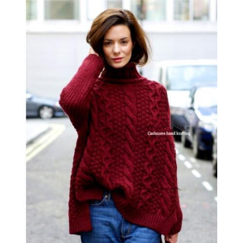 100%hand made goat cashmere knit women fashion wide loose pullovers sweater mid long heap collar S-XL retail wholesale customize
