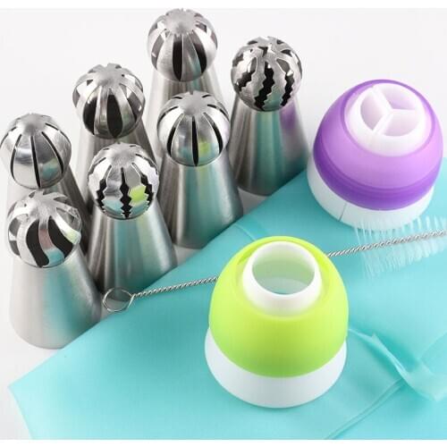 11PCs Cake Cream Icing Nozzles Russian Piping Tips Silicone Coupler Pastry Cake Decorating Tools Stainless Steel Baking Pastry