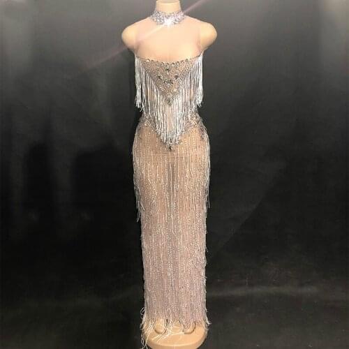 Sparkly Rhinestone Tassels Long One-piece Dress Birthday Party Sexy Dresses Female Nightclub Singer Performance Dance Costumes