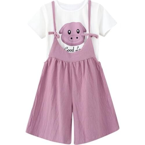 Children\s Girls Clothing Kids Girls Summer Short Sleeve T-shirt +Overalls Suit 2021