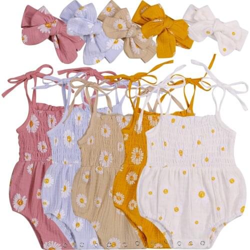 Newborn Baby Girl Daisy Print Outfits 2Pcs Cotton Smocked Tie Up Spaghetti Strap Romper + Headband Toddler Infant Outwear