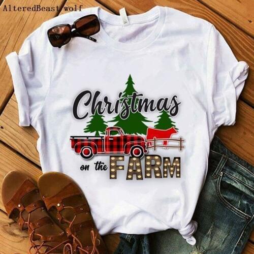 Christmas t shirt women plaid christmas on the Farm print t shirt female white tops vogue clothes casual short sleeve t shirt