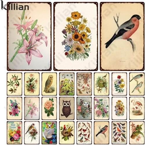 Painting Bird Set Metal Plate Retro Animal Plant Art Metal Poster Bar Restaurant Club Wall Metal Plaque Aesthetic Decoration