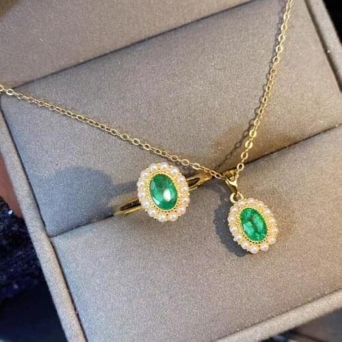 Emerald Jewelry Set 100% Natural And Real Emerald Set 925 Sterling Silver Fine Jewelry 1pc Ring,1pc Pendant For the Party