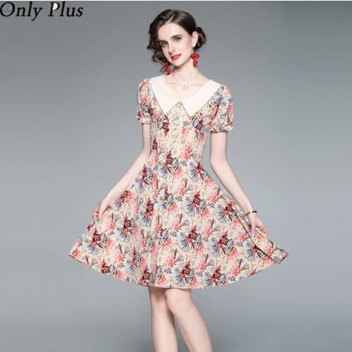 Summer 2021 New V-Shaped Peter pan Collar Fashion Print Dress Western Style Waist Waist Was Thin A-Line Skirt Bohemian Knee-Leng