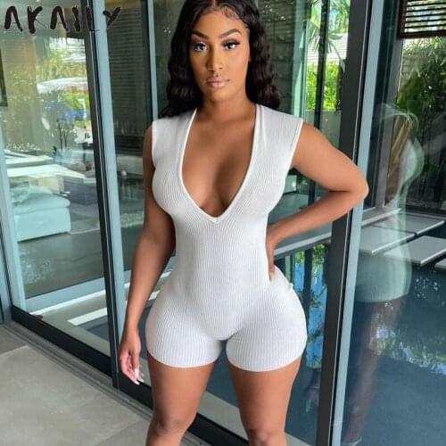 Akaily 2021 Summer Outfit Streetwear White V Neck Bodycon Romper Women Sleeveless Wrap Rompers Womens Jumpsuit Tracksuit Female