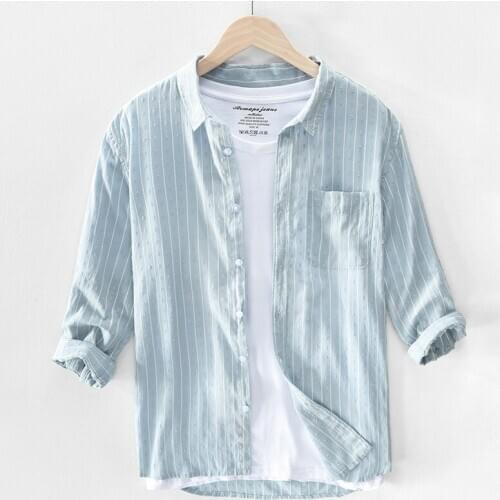 2020 Autumn New Men 3/4Sleeve Shirt Striped Turn-down Collar Classic All-Match Male Casual 100%Cotton Tops Clothes Y3449