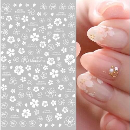 1pcs Cherry Blossom Nails Stickers White Gold Flower Leaf Decals Tattoo Sticker Self Adhesive Summer Nail Accessories NLF728-737