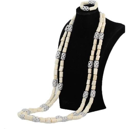 Real Coral Bead Necklace Bracelet Set 54inches Long White Coral Beads Necklace Set Quality Men Wedding Jewelry for Men ABH781