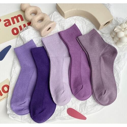 Purple Woman Socks Harajuku Soft Cotton Breathable Elastic Socks Spring Solid Color Socks Sokken
