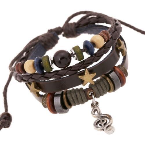 New Unisex Genuine Leather Bracelet Women Beaded Bracelet Retro Alloy Sol Note Charm Music Jewelry Girls Leather Bracelets