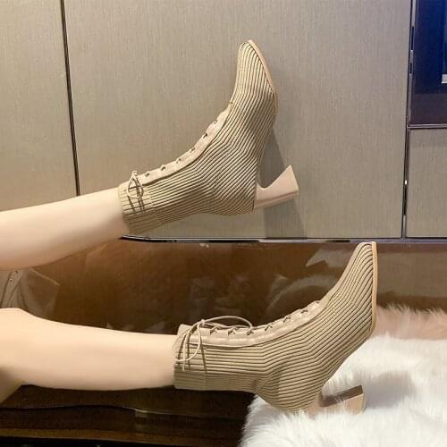 2021 Autumn and Winter New Fashion Stitching Knitted Elastic Stockings Boots High-heeled Short Boots Womens Square Toe Thick