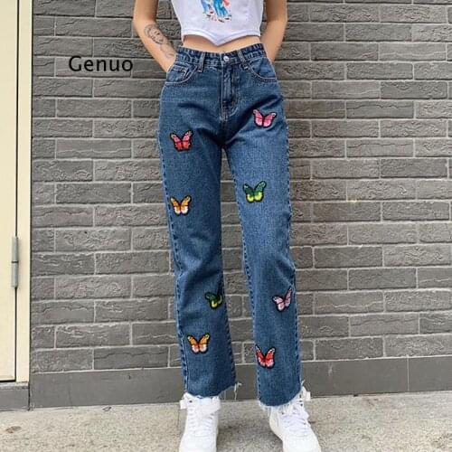 Casual Jeans Woman Long Trousers Cowboy Female Loose Streetwear Butterfly Embroidered Straight Pants